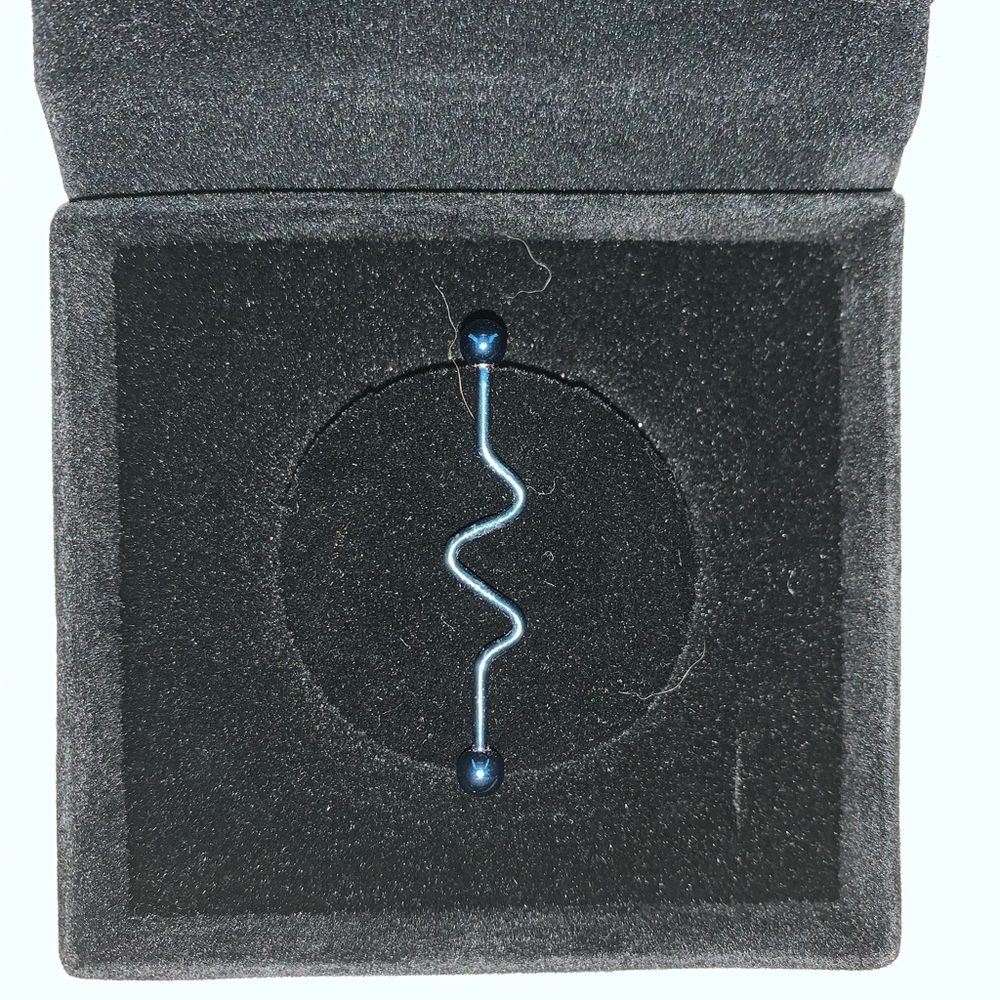 Blue squiggly industrial bar earring